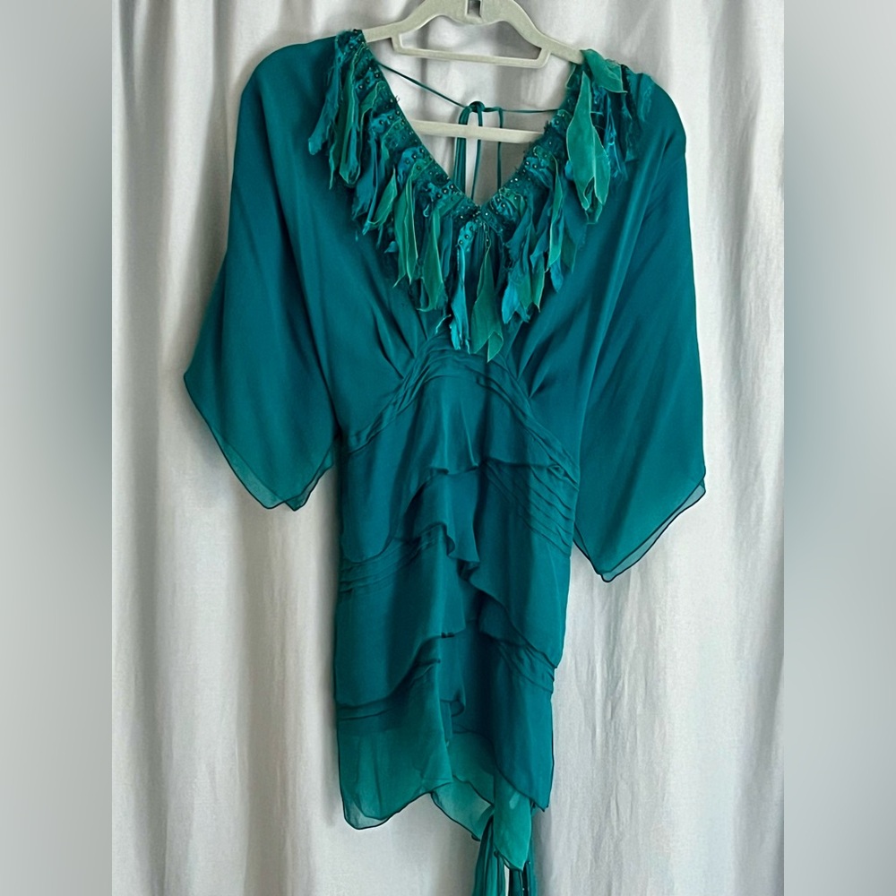 Natasha Dark Turquoise Silk Mini Dress Open Back Size XXS-XS